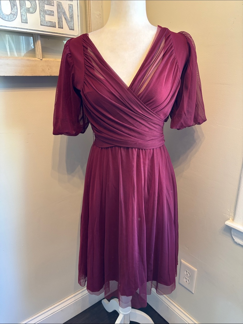 Effie’s Heart Wrap Top Mesh Tulle Dress in Burgundy